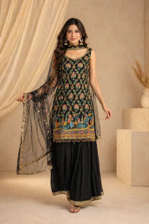 Black embroidered kurti set with palazzo - front view - Indian Pakistani kurti Dubai