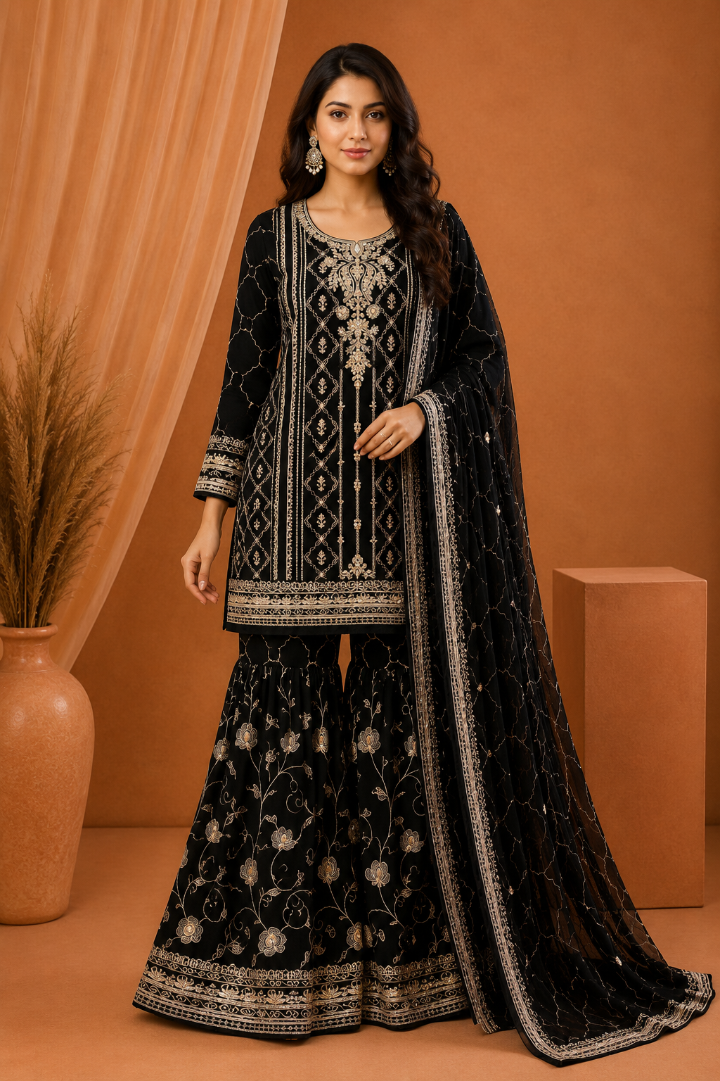 Agha Noor Black Embroidered Sharara Suit with Dupatta