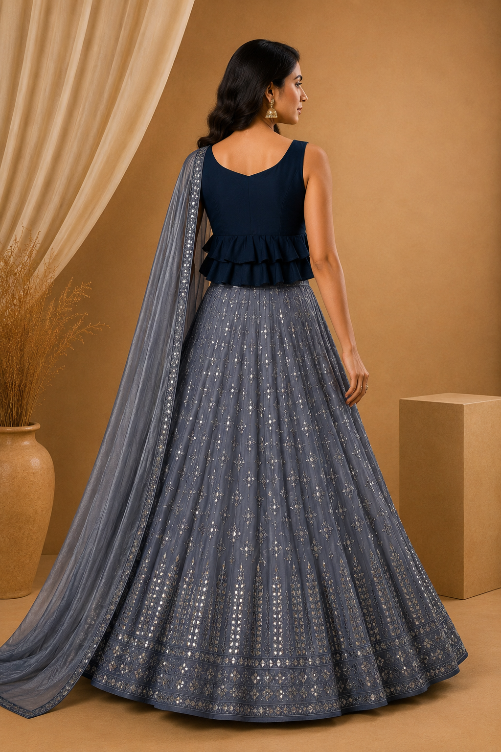 Blue & Grey Embroidered Lehenga Set with Dupatta