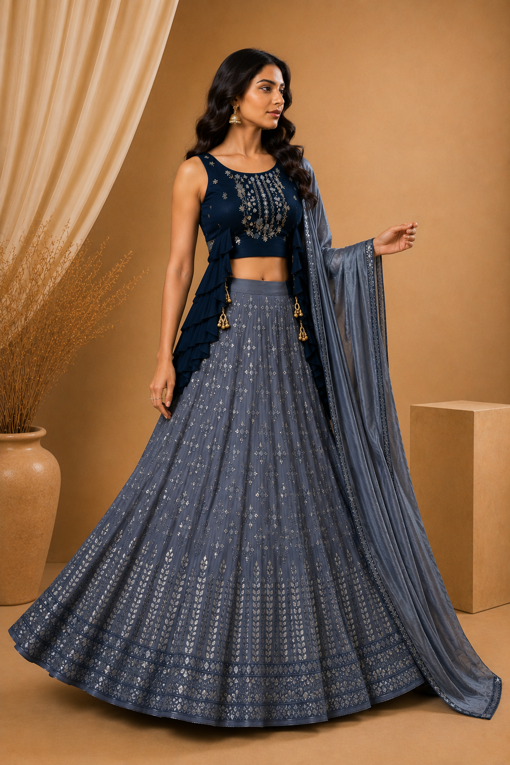 Blue & Grey Embroidered Lehenga Set with Dupatta