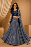 Blue & Grey Embroidered Lehenga Set with Dupatta