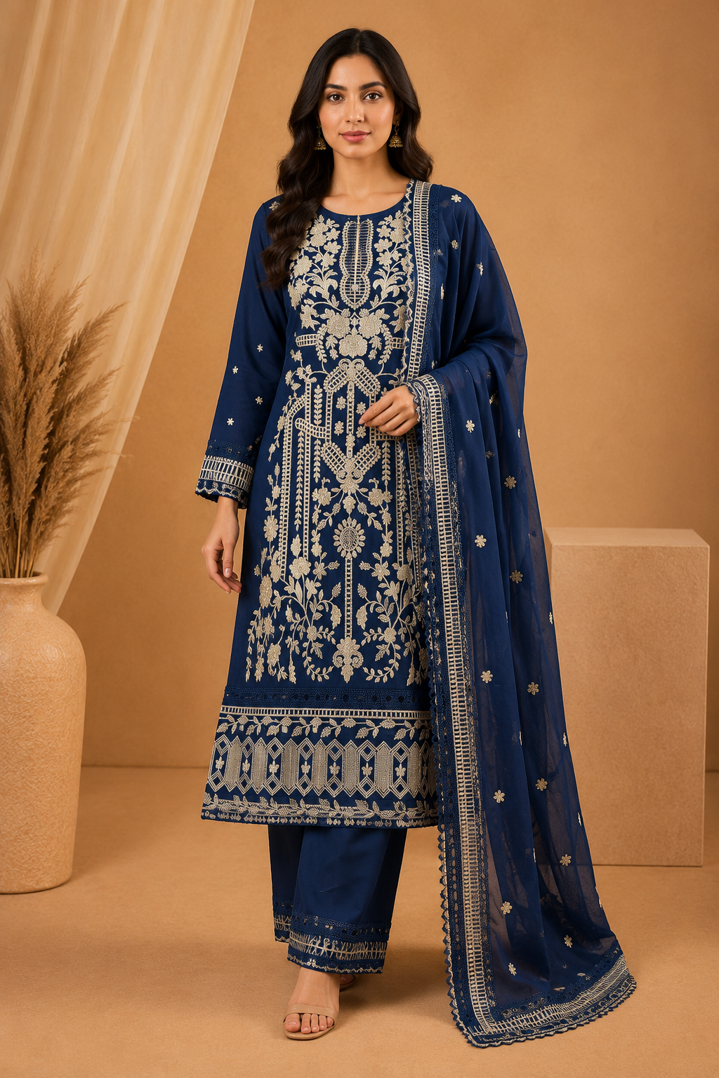 Agha Noor Navy Blue Silk Embroidered Pakistani Suit Set for Women