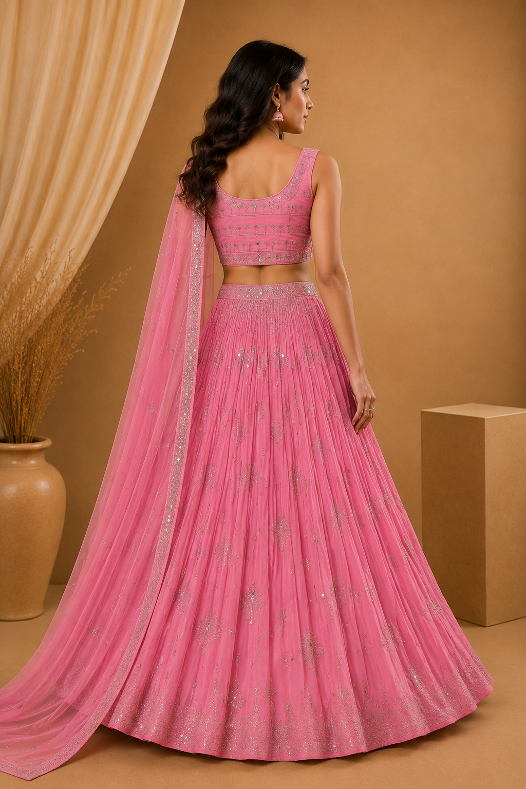 Bright Pink Embroidered Lehenga Set with Dupatta