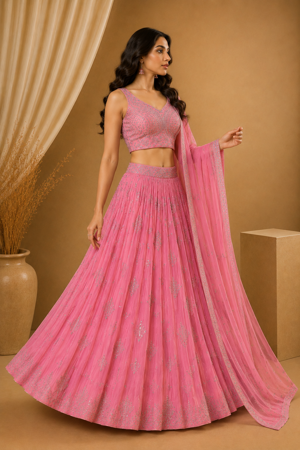 Bright Pink Embroidered Lehenga Set with Dupatta