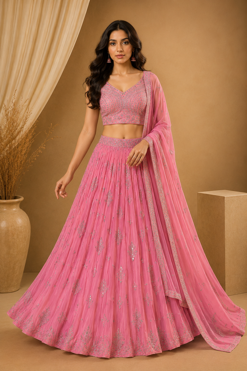 Bright Pink Embroidered Lehenga Set with Dupatta