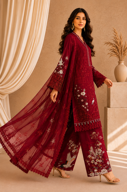 Deep Maroon Embroidered Salwar Suit with Dupatta