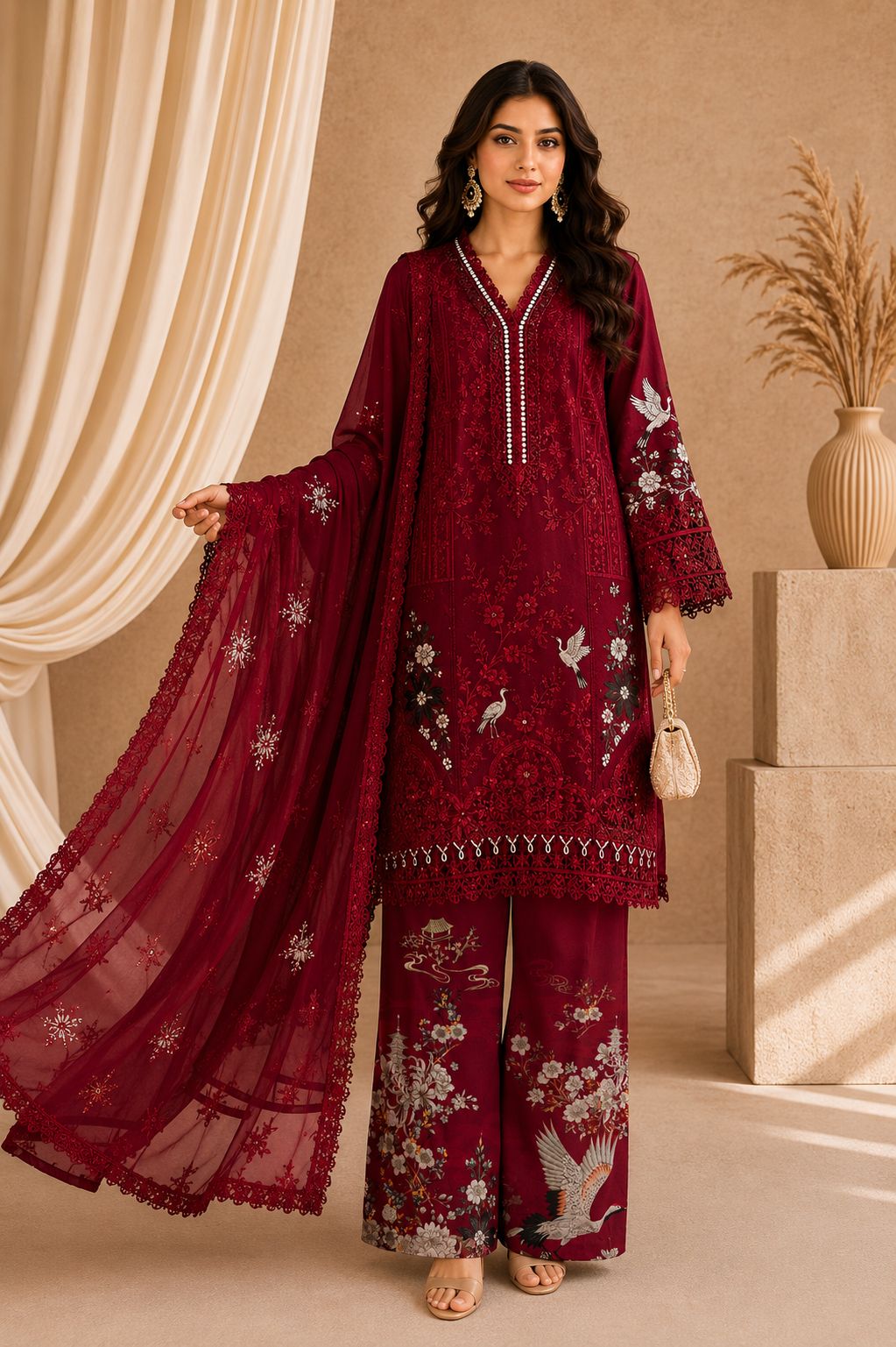 Deep Maroon Embroidered Salwar Suit with Dupatta