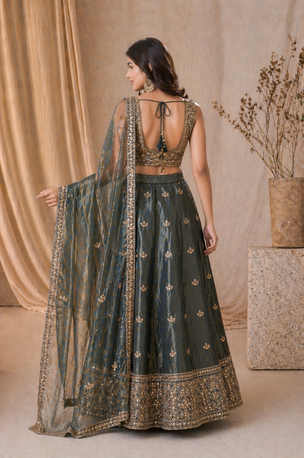 Emerald Green Embroidered Indo-Western Lehenga Set