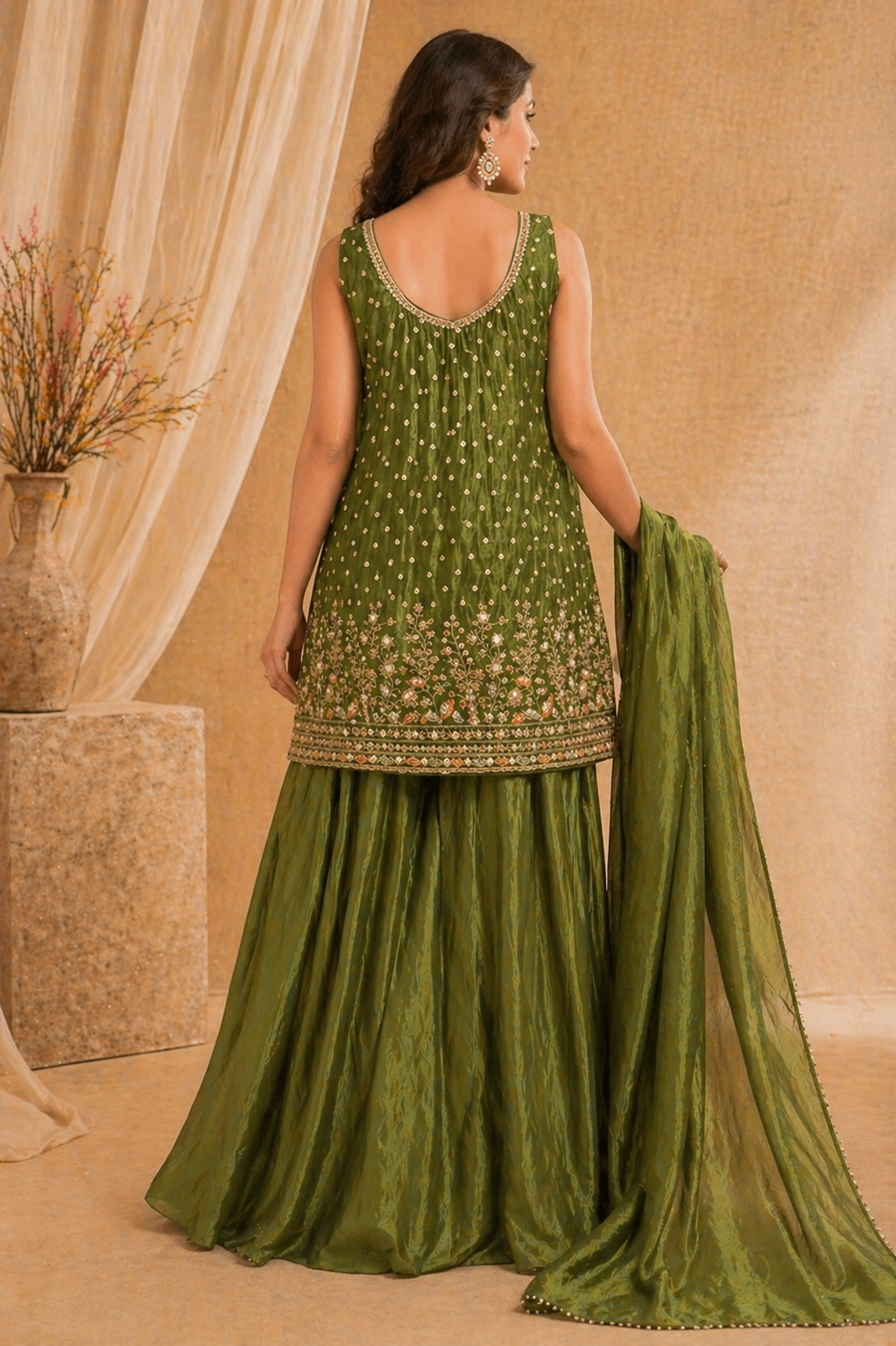 Olive green embroidered kurti sharara set with dupatta - back view - Pakistani sharara Dubai