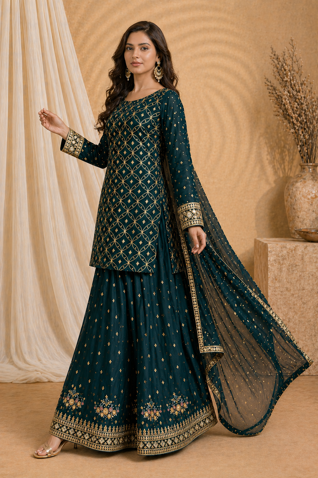 Emerald green embroidered kurti palazzo set with dupatta - side view - Indian Pakistani kurti Dubai