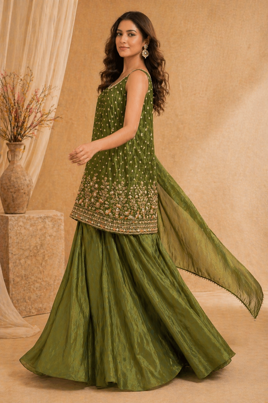 Olive green embroidered kurti sharara set with dupatta - side view - Pakistani sharara Dubai