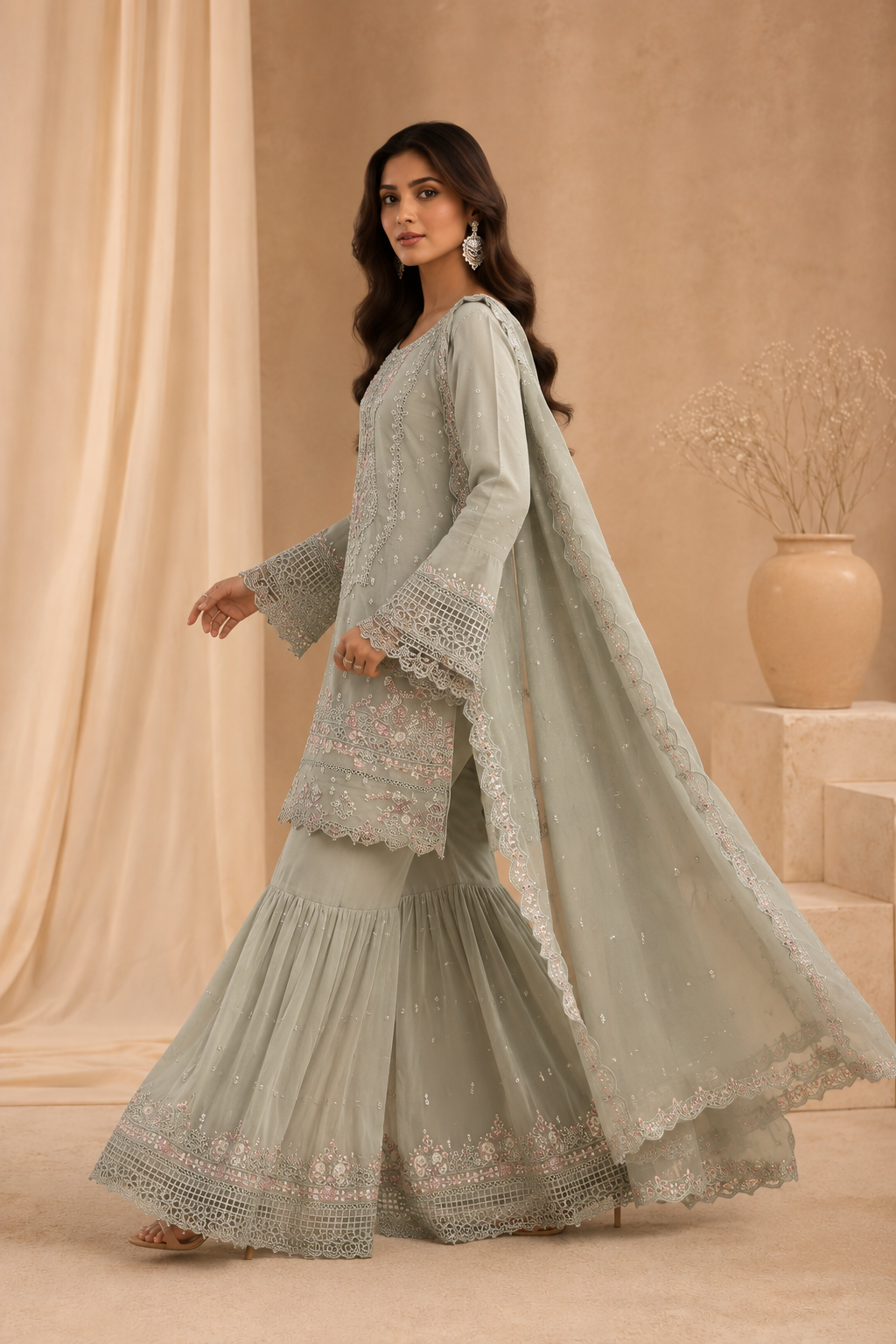 Sada Bahar Sage Green Embroidered Sharara Suit with Net Dupatta for Women