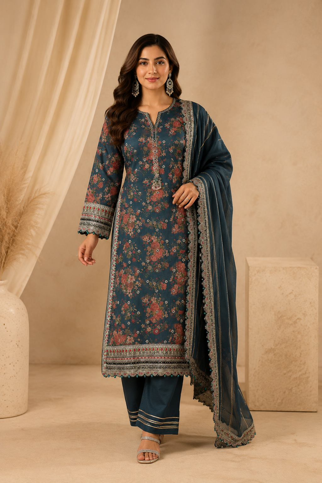 Sada Bahar Teal Blue Chiffon Floral Embroidered Pakistani Suit for Women