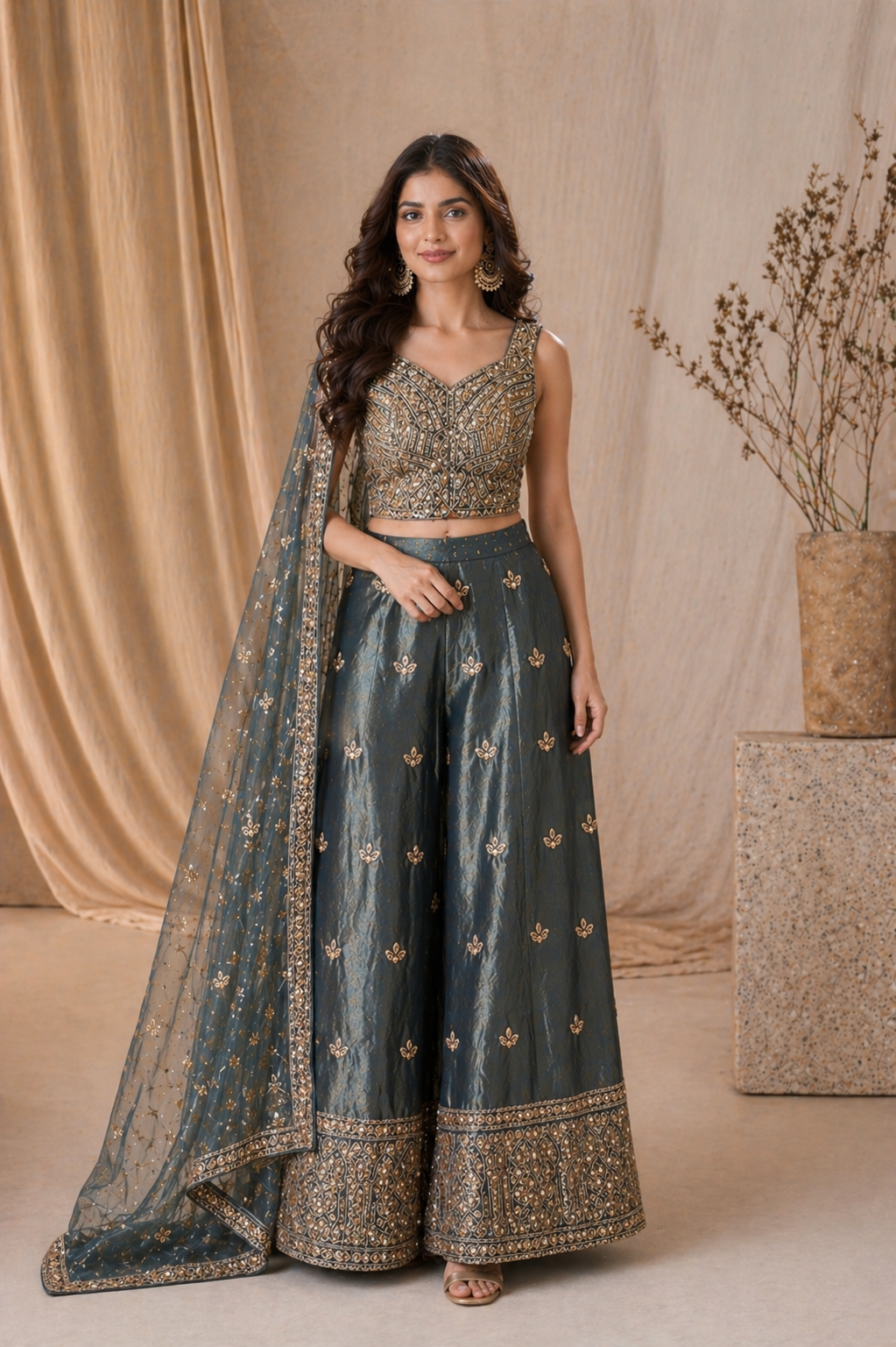 Emerald Green Embroidered Indo-Western Lehenga Set
