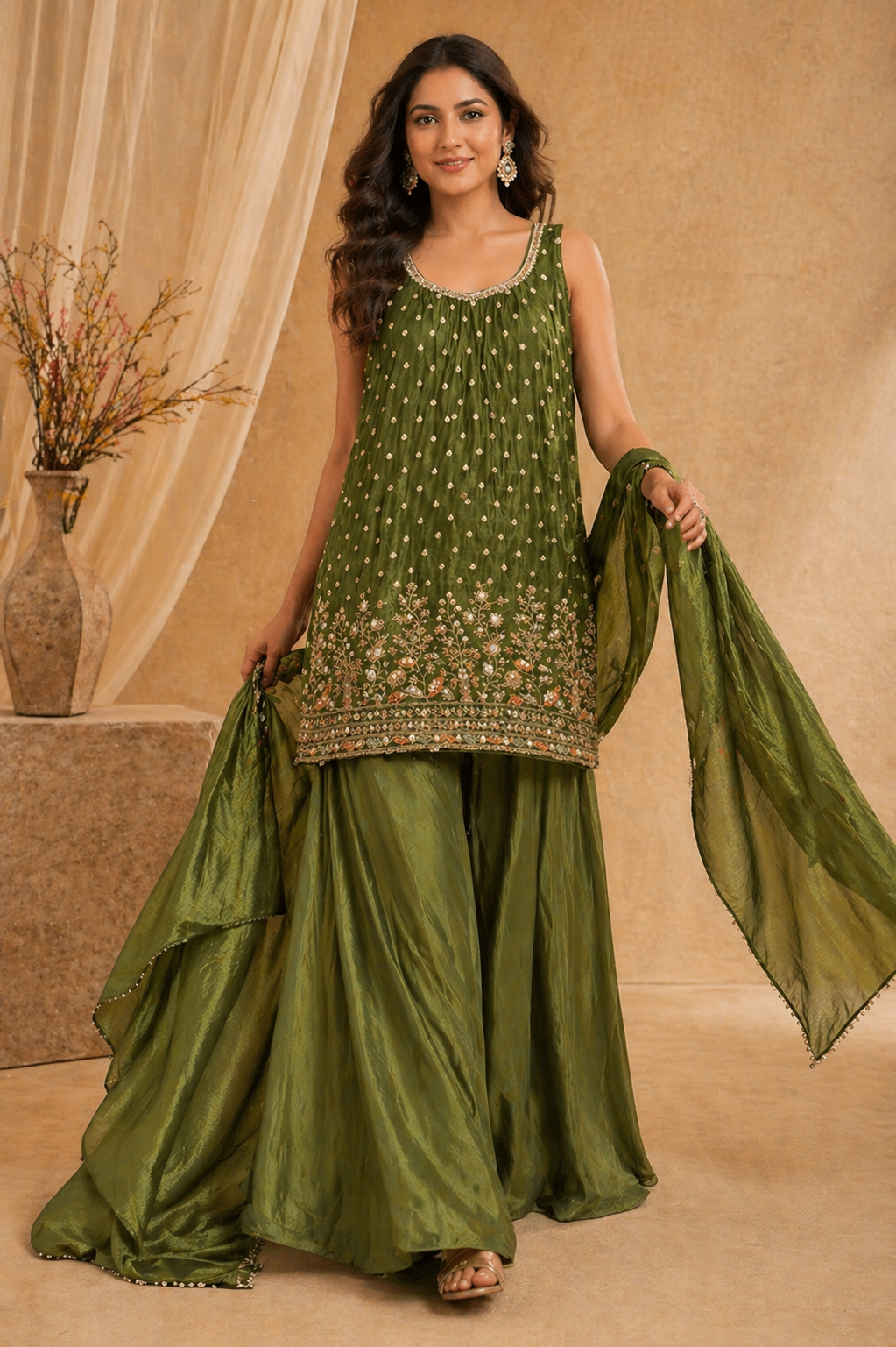 Olive green embroidered kurti sharara set with dupatta - front view - Pakistani sharara Dubai