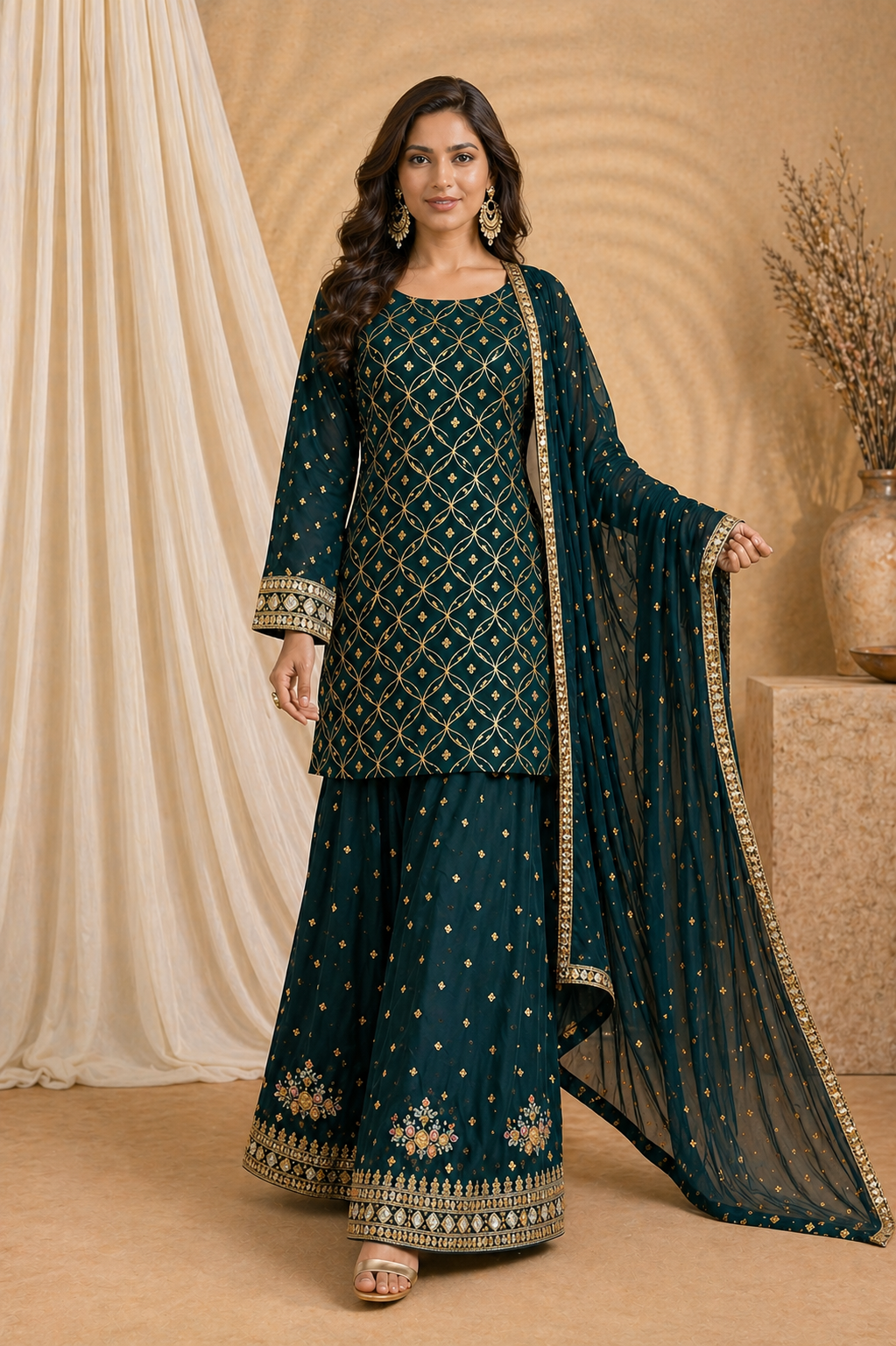 Emerald green embroidered kurti palazzo set with dupatta - front view - Indian Pakistani kurti Dubai