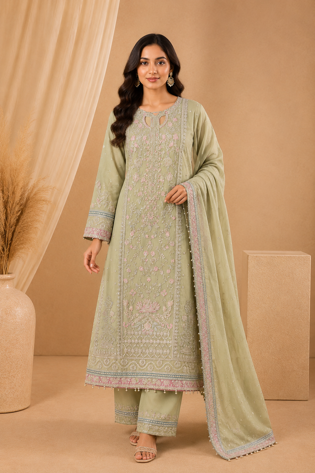 Sada Bahar Sage Green Chiffon Embroidered Pakistani Suit Set for Women