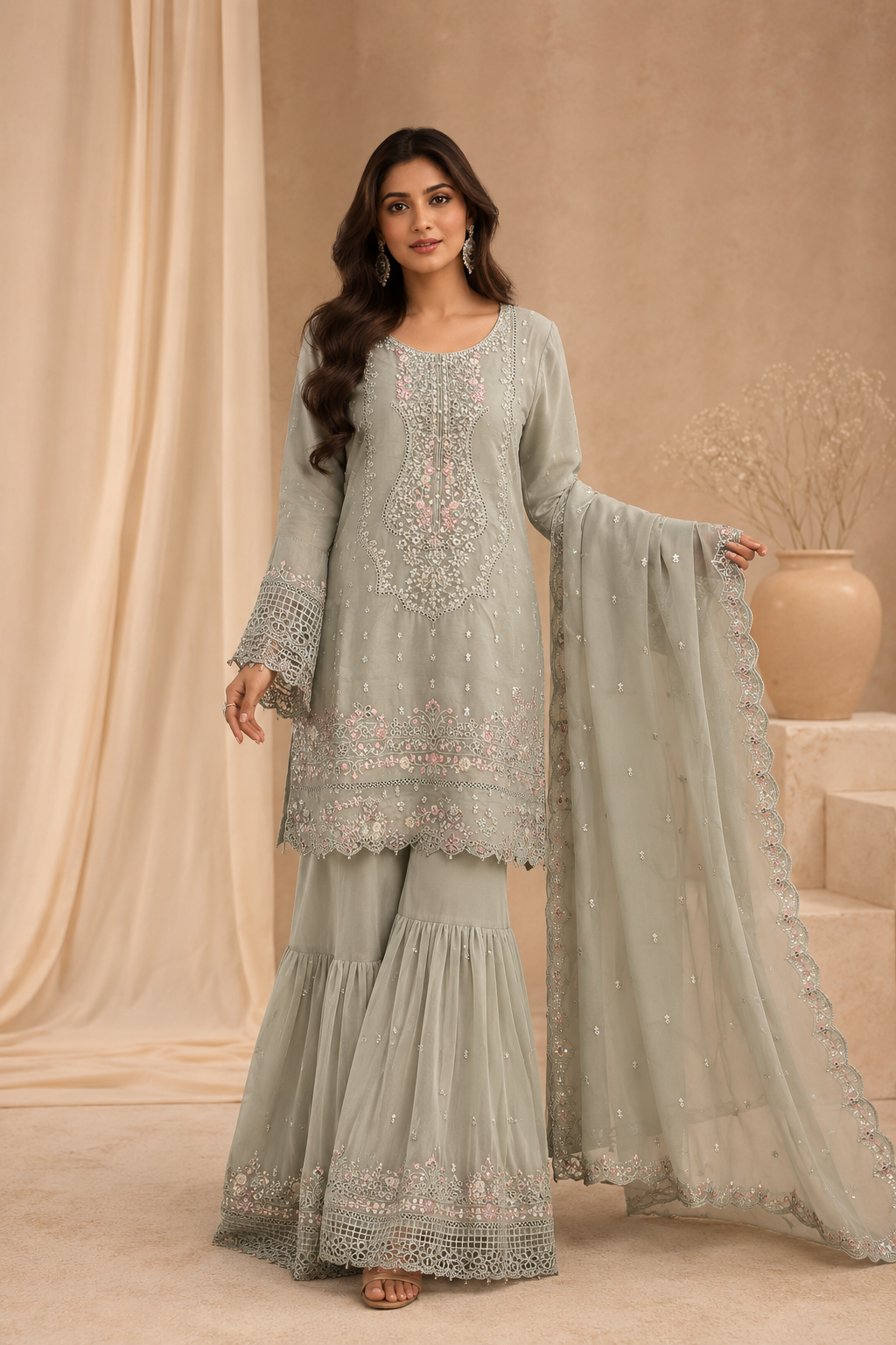 Sada Bahar Sage Green Embroidered Sharara Suit with Net Dupatta for Women