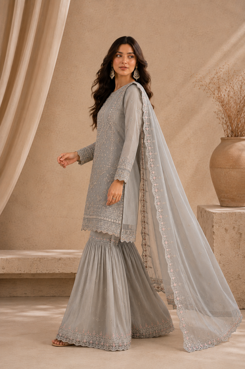 Sada Bahar Grey Embroidered Sharara Suit with Net Dupatta for Women