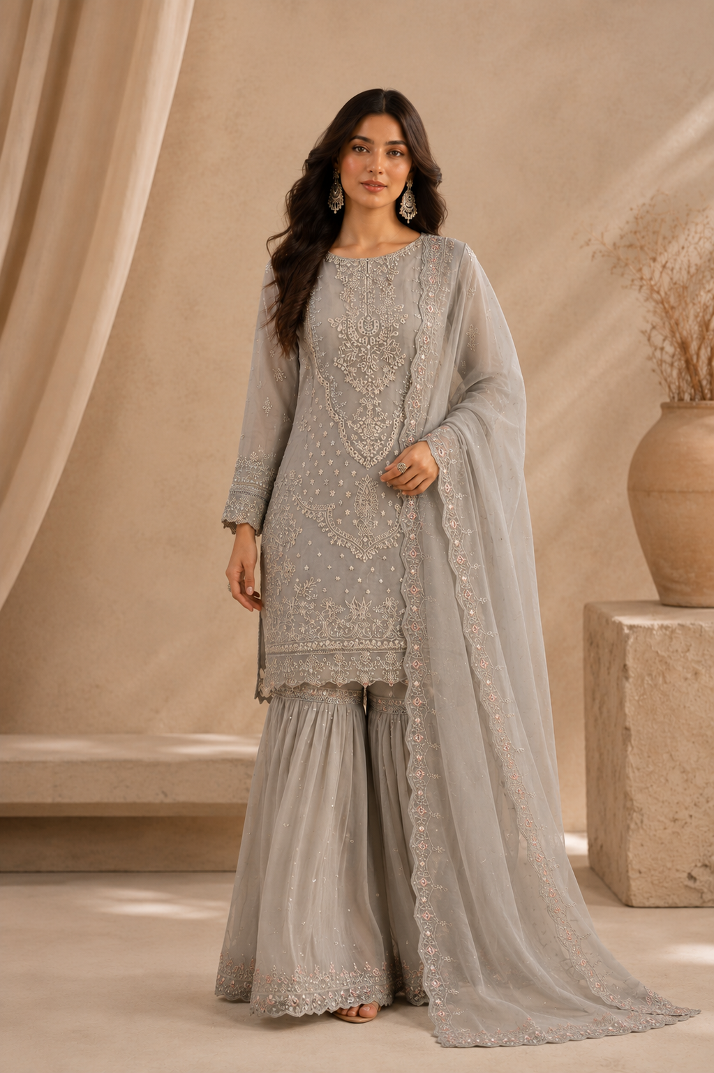 Sada Bahar Grey Embroidered Sharara Suit with Net Dupatta for Women