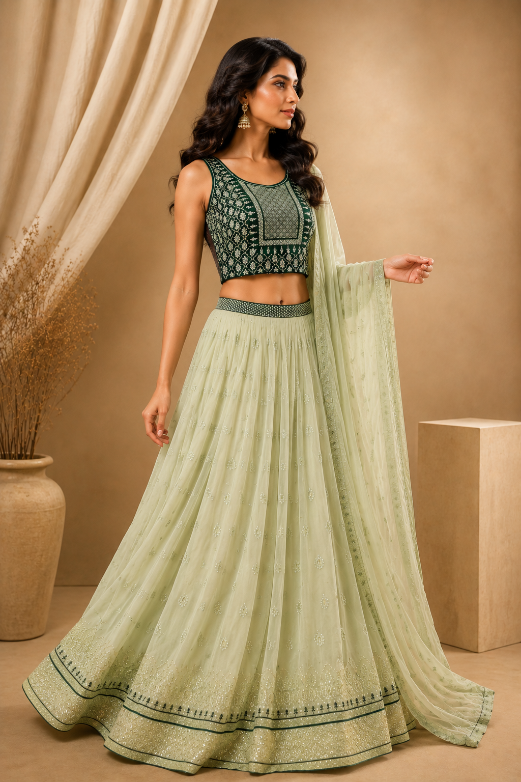 Light Green Embroidered Lehenga Set with Dupatta