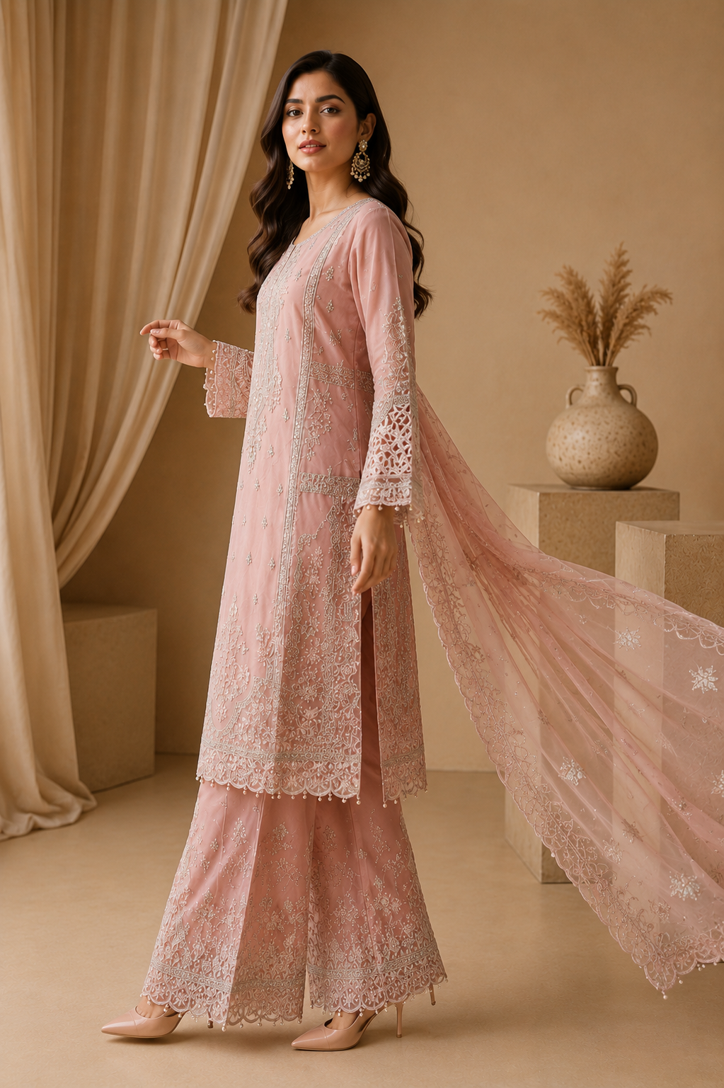 Elegant Light Pink Embroidered Organza Salwar Kameez