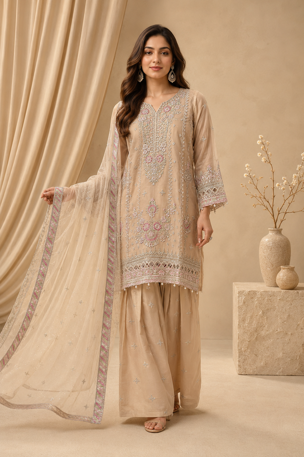 Elegant Beige Embroidered Salwar Suit with Dupatta