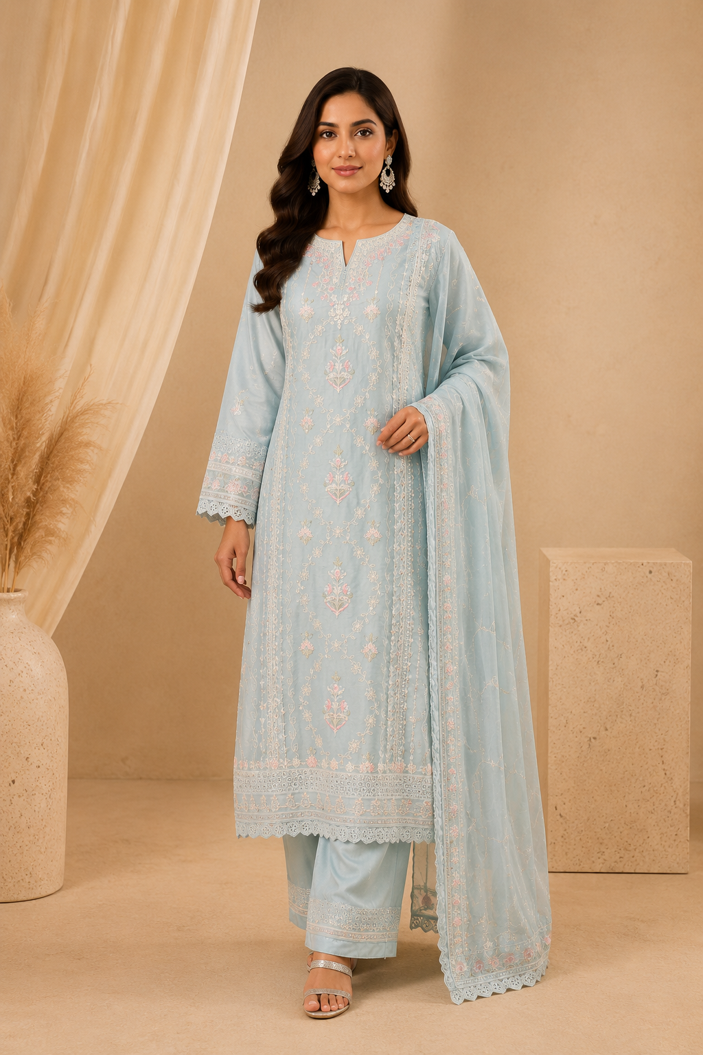 Agha Noor Sky Blue Silk Embroidered Pakistani Suit Set for Women