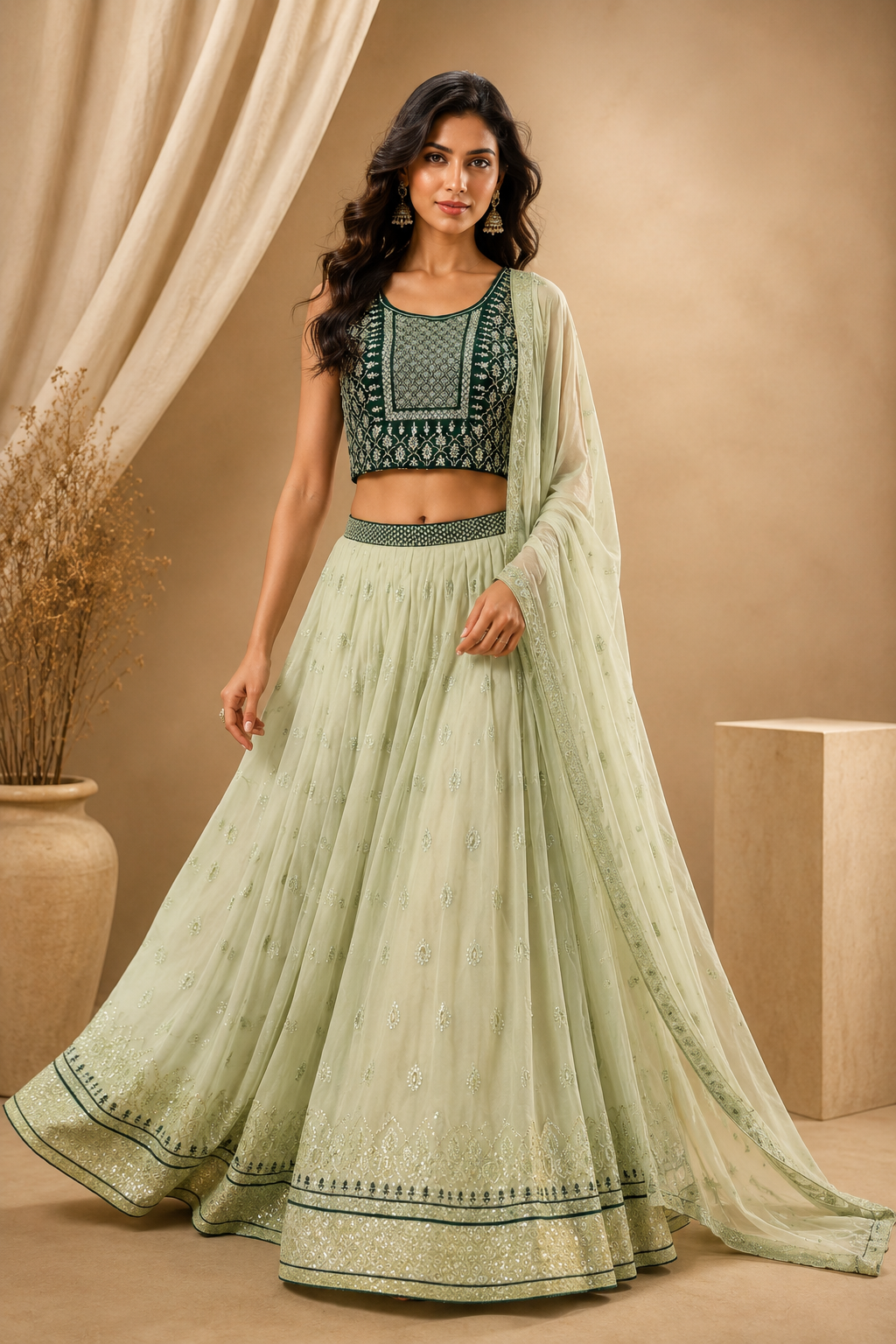 Light Green Embroidered Lehenga Set with Dupatta