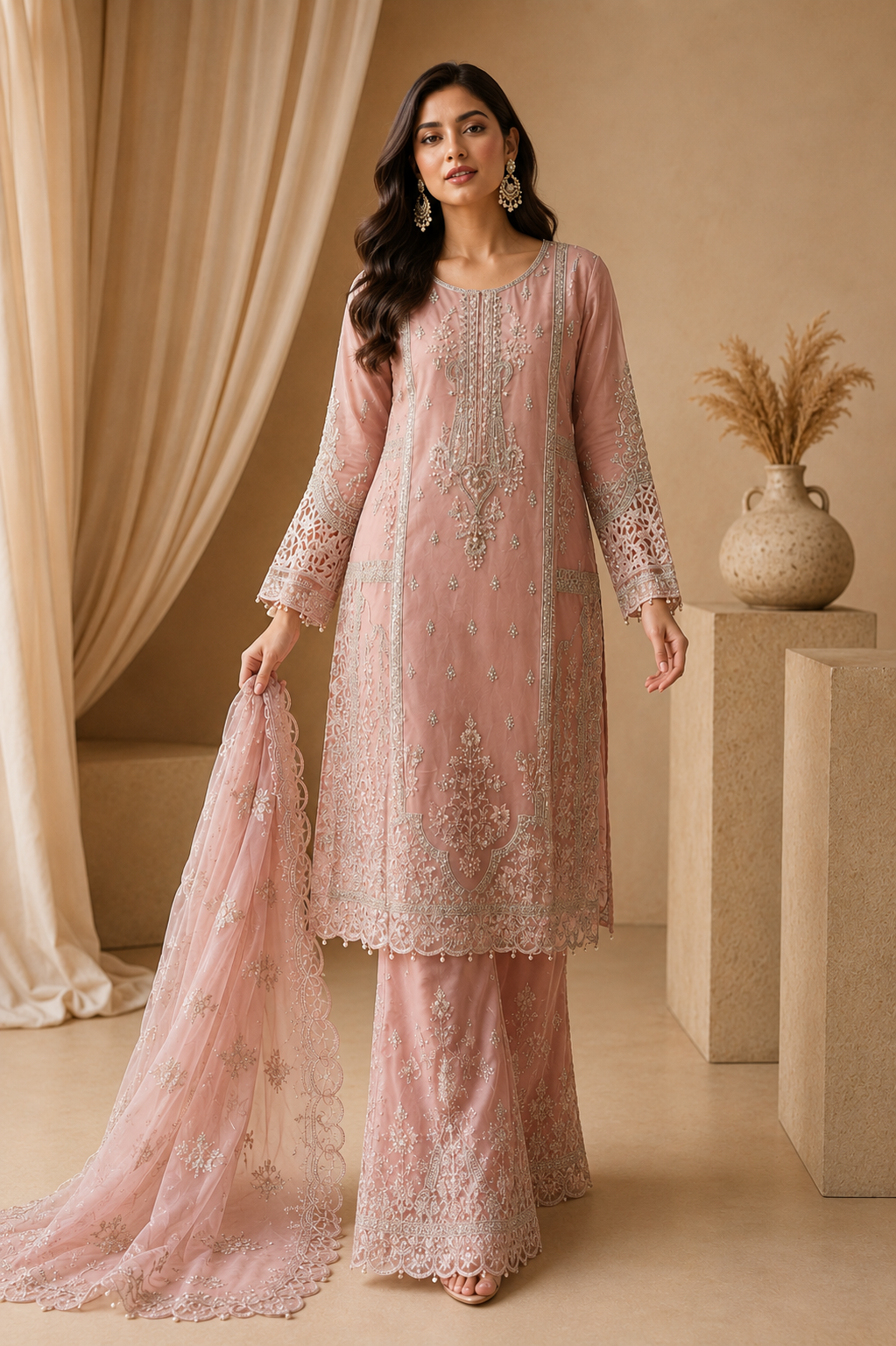Elegant Light Pink Embroidered Organza Salwar Kameez