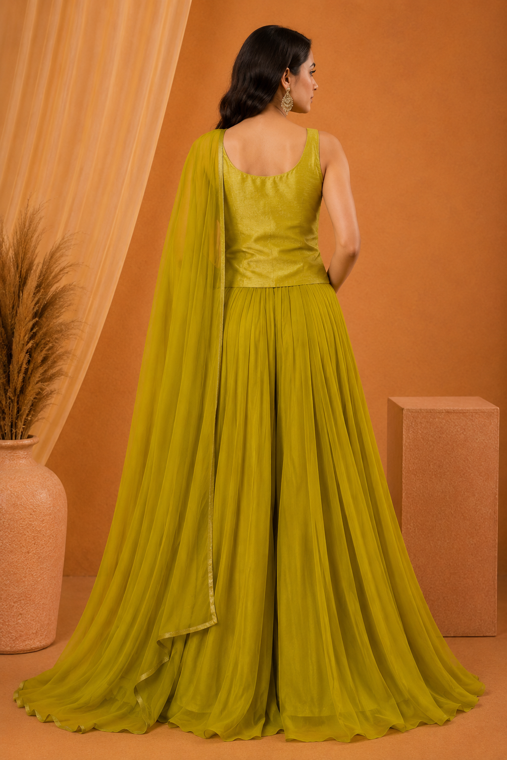 Lime Green Embroidered Palazzo Set with Dupatta