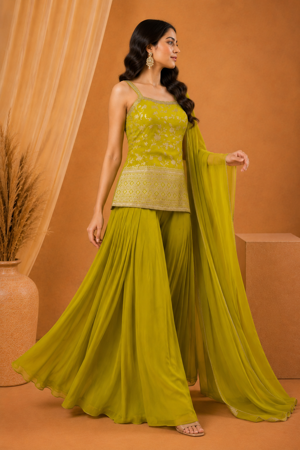 Lime Green Embroidered Palazzo Set with Dupatta