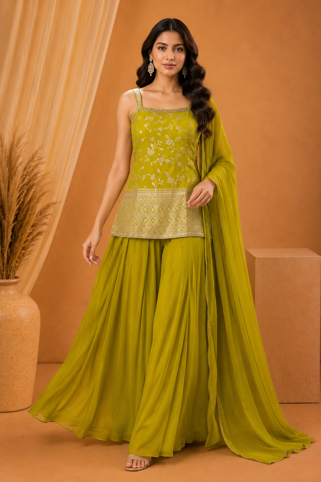 Lime Green Embroidered Palazzo Set with Dupatta