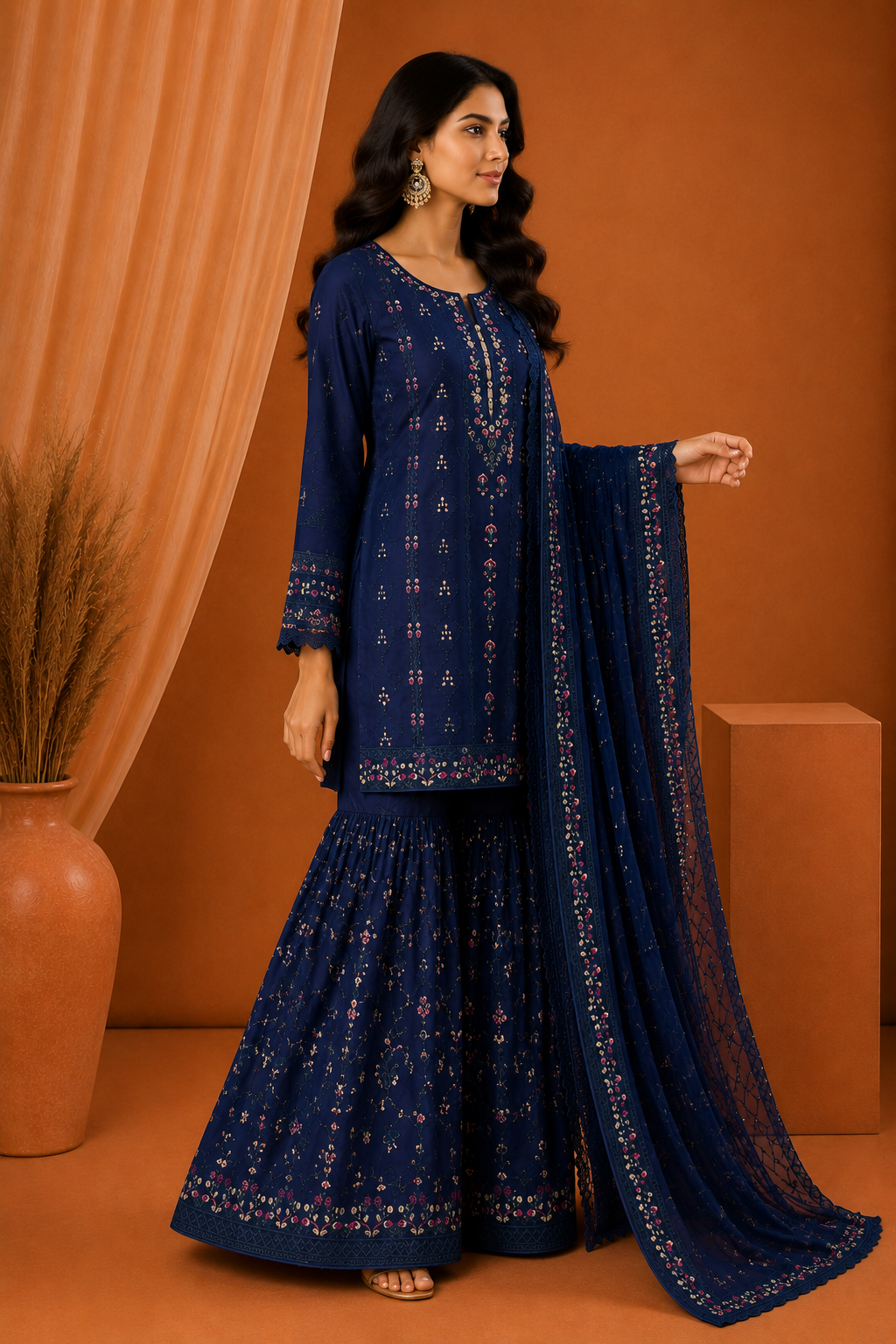 Agha Noor Navy Blue Embroidered Sharara Suit with Dupatta