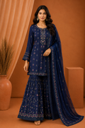 Agha Noor Navy Blue Embroidered Sharara Suit with Dupatta