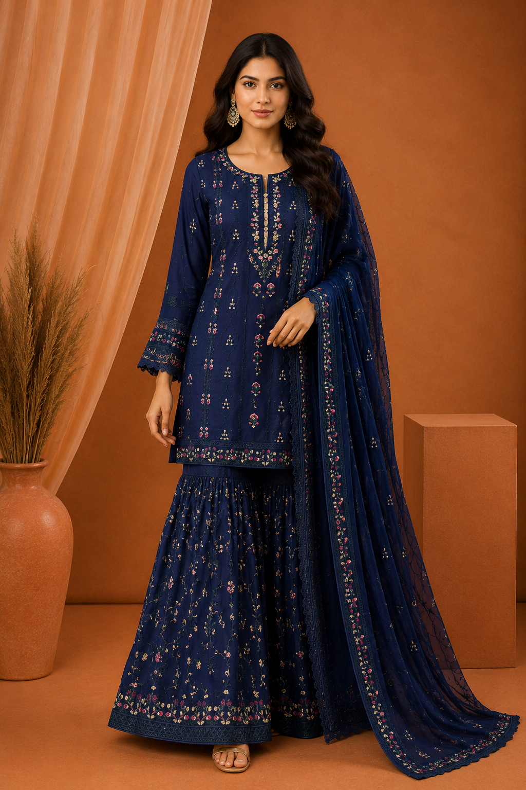 Agha Noor Navy Blue Embroidered Sharara Suit with Dupatta