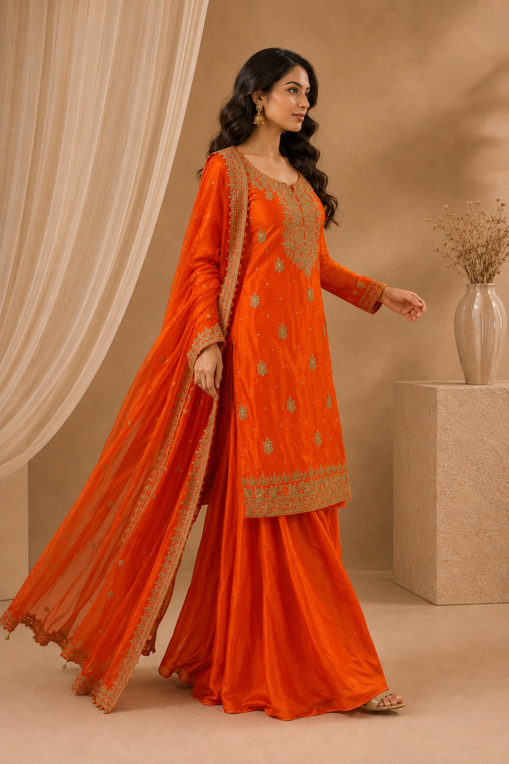 Vibrant Orange Embroidered Kurti with Palazzo Organza Dupatta