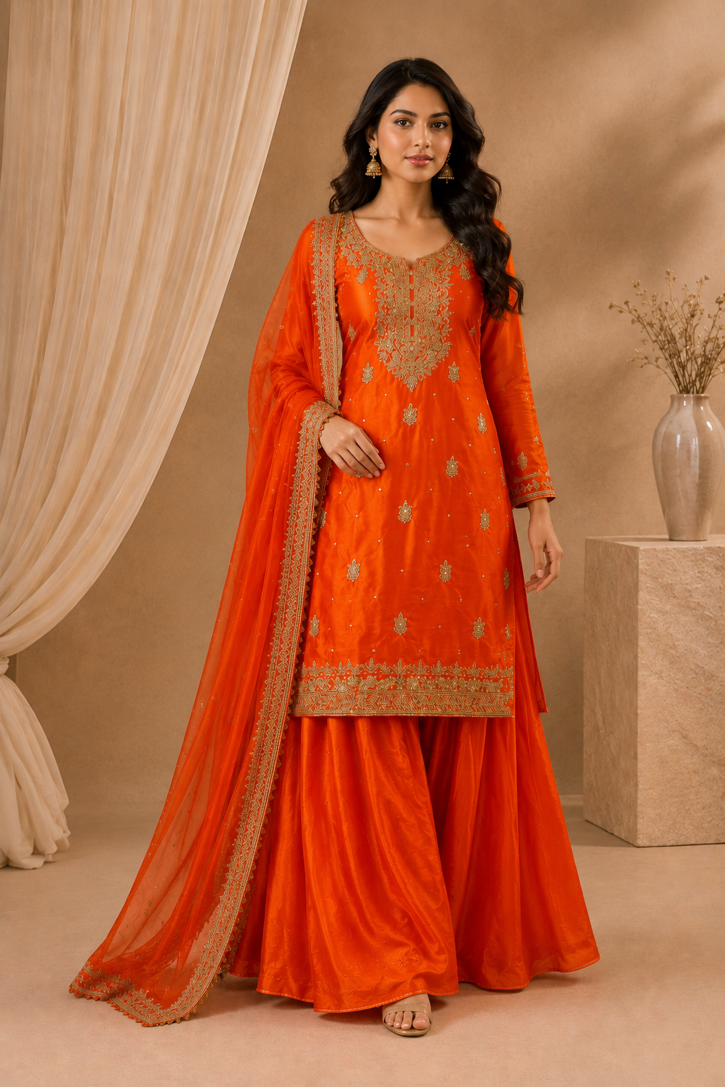 Vibrant Orange Embroidered Kurti with Palazzo Organza Dupatta