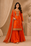 Vibrant Orange Embroidered Kurti with Palazzo Organza Dupatta