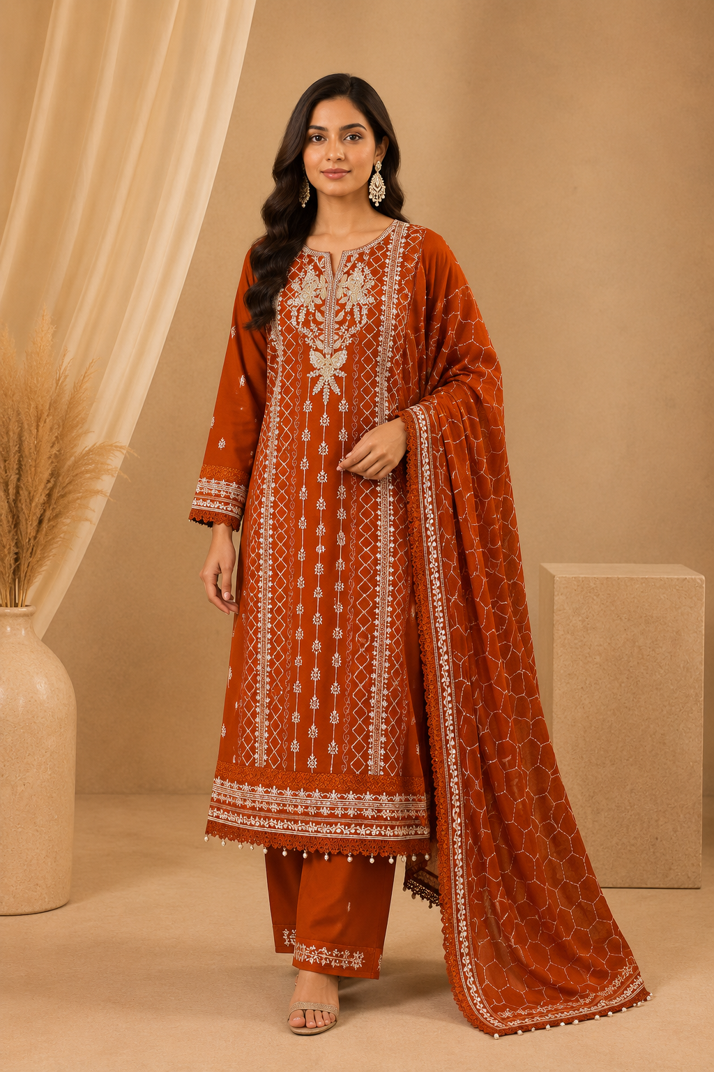 Agha Noor Rust Orange Chiffon Embroidered Pakistani Suit Set for Women