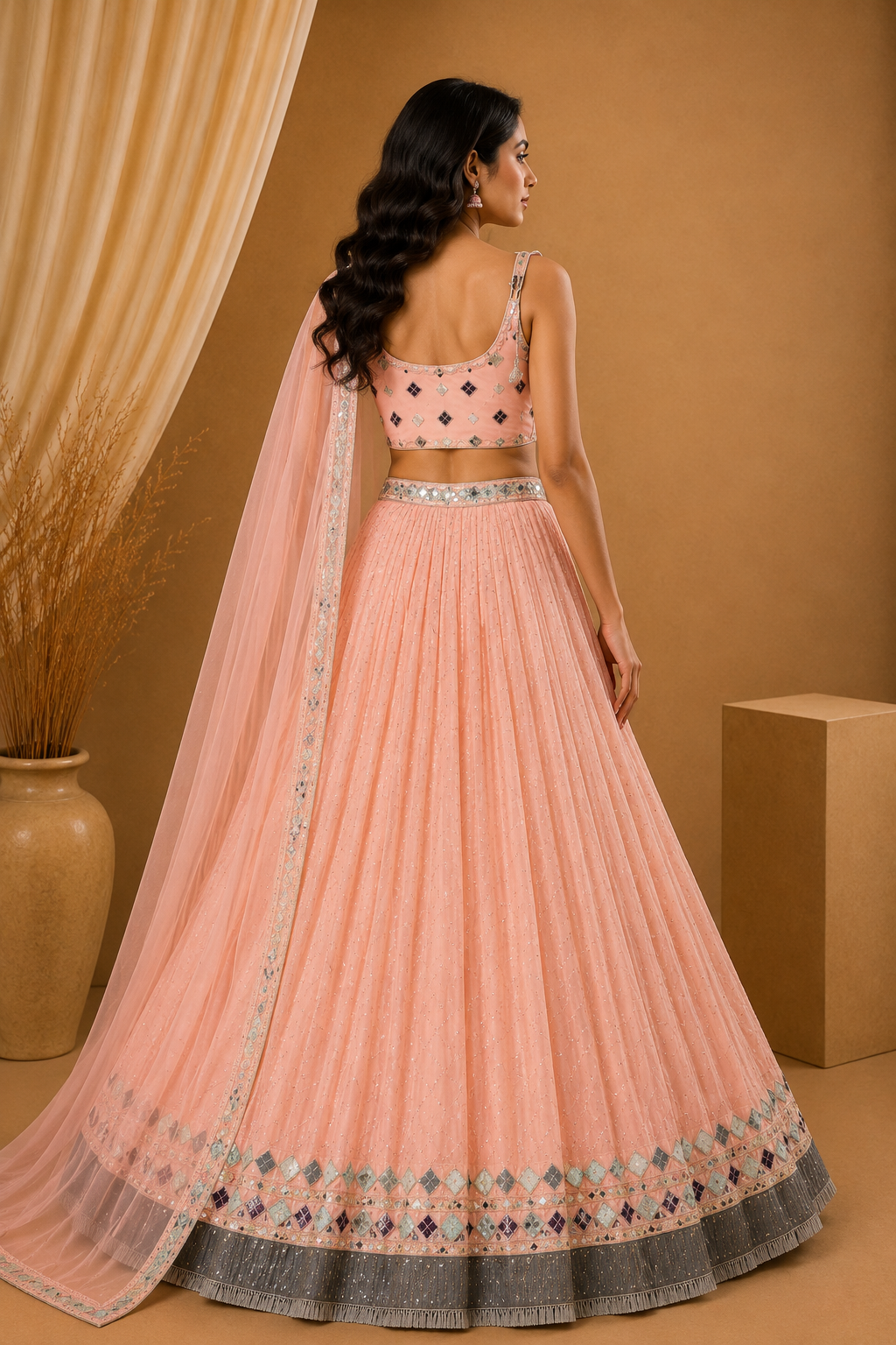 Peach Embroidered Lehenga Set with Net Dupatta