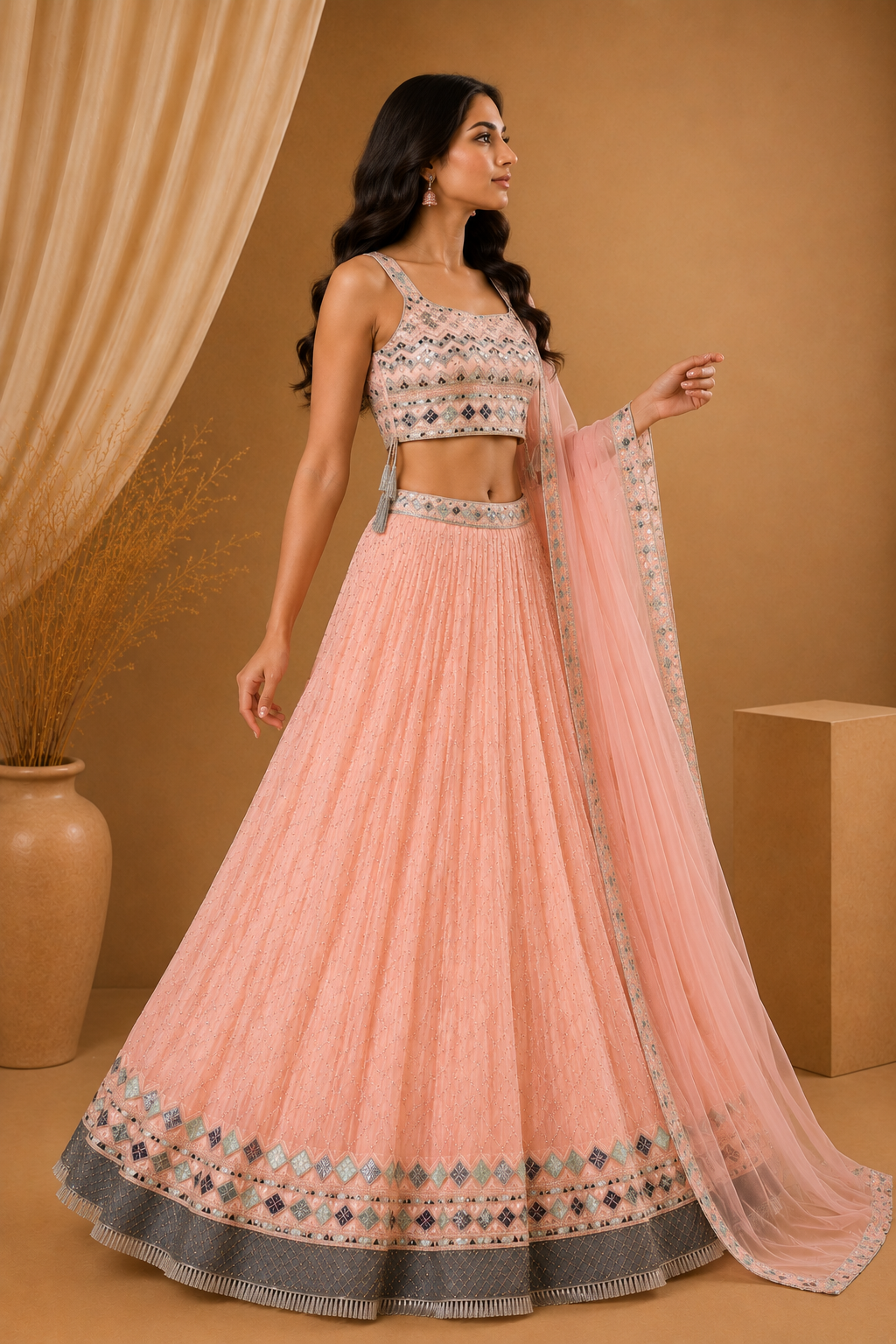 Peach Embroidered Lehenga Set with Net Dupatta