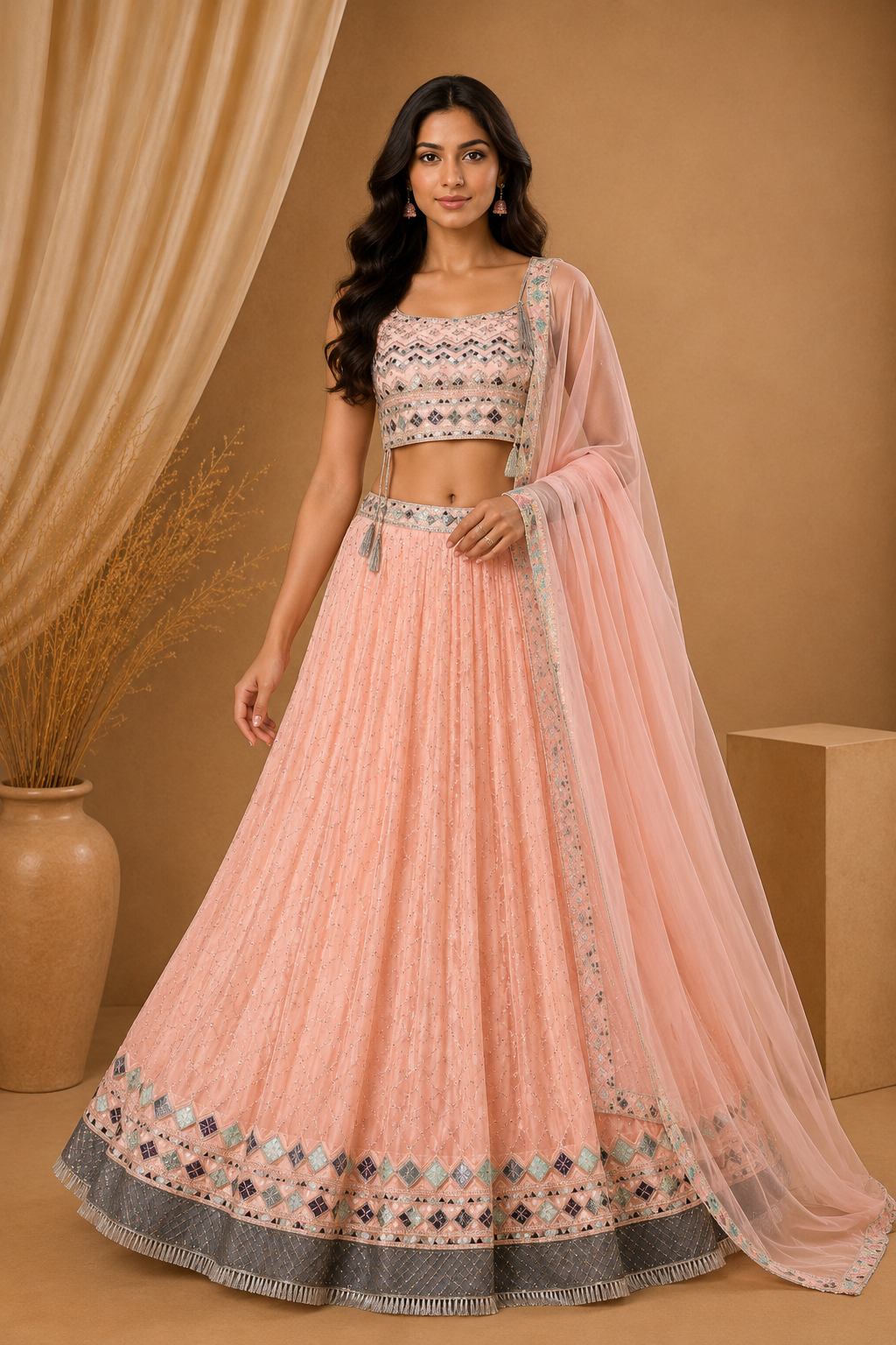 Peach Embroidered Lehenga Set with Net Dupatta