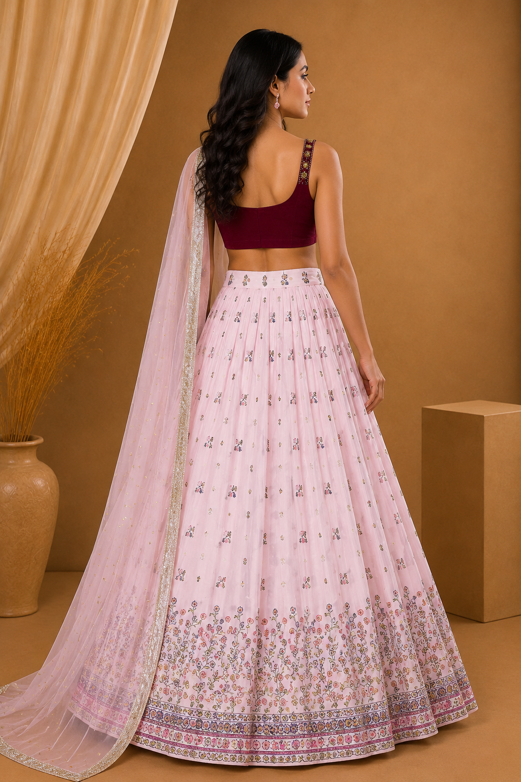 Pink & Wine Embroidered Lehenga Set with Net Dupatta