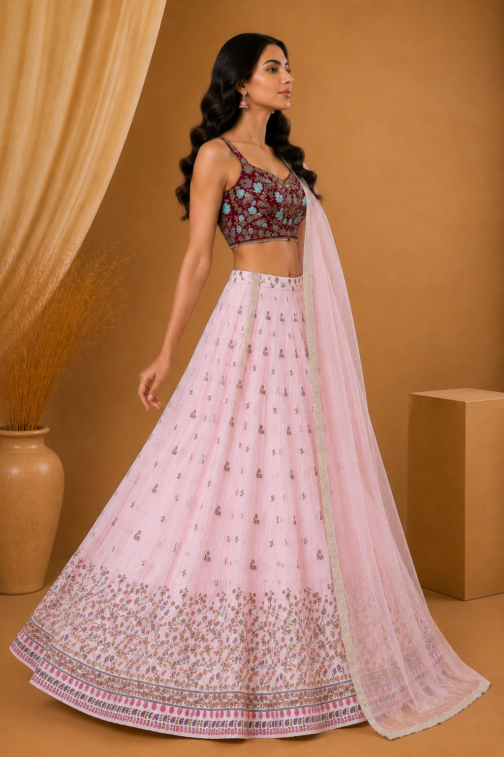 Pink & Wine Embroidered Lehenga Set with Net Dupatta