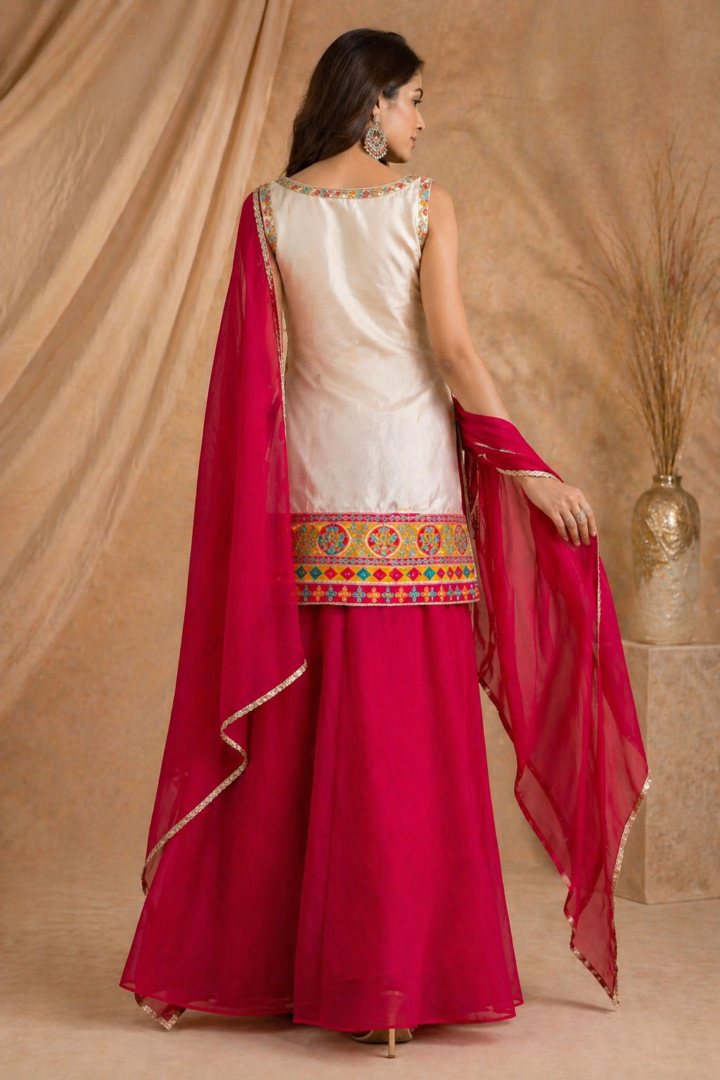 Ivory Multicolor Embroidered Kurti Palazzo Set with Dupatta