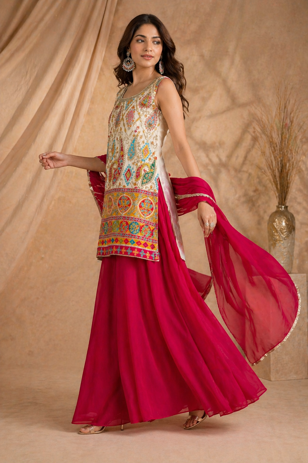 Ivory Multicolor Embroidered Kurti Palazzo Set with Dupatta