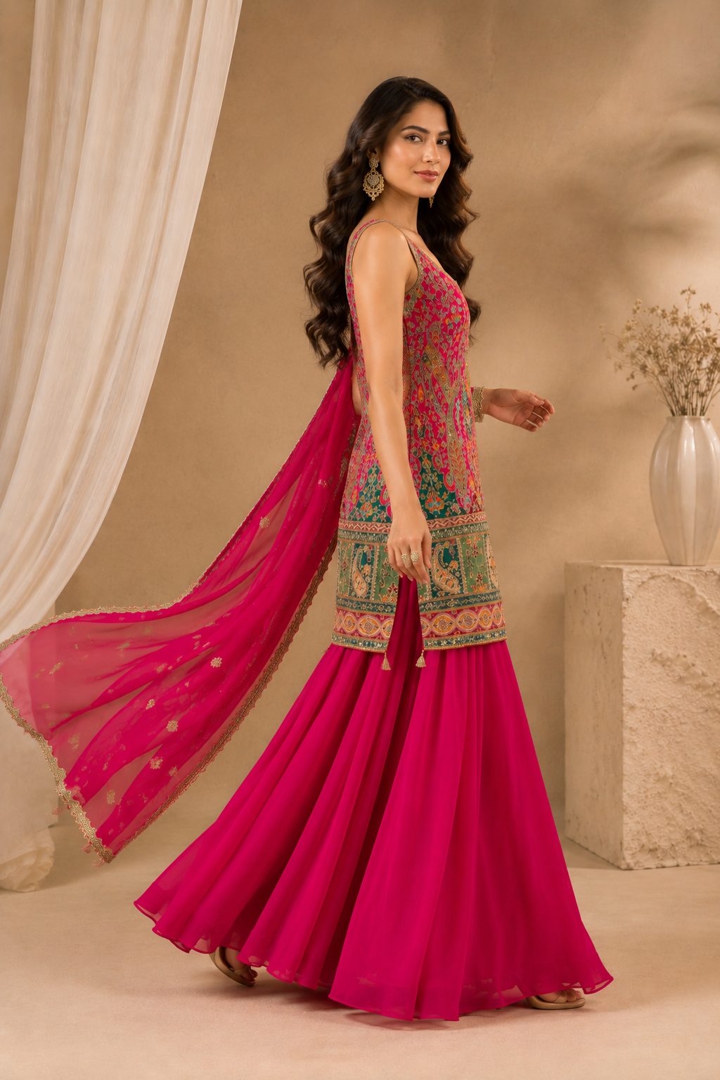 Luxury Fuchsia Printed Kurti with Palazzo Embroidered Chiffon Dupatta
