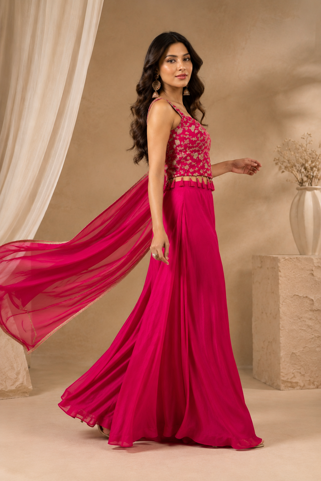 Elegant Fuchsia Embroidered Crop Top with Palazzo Chiffon Dupatta