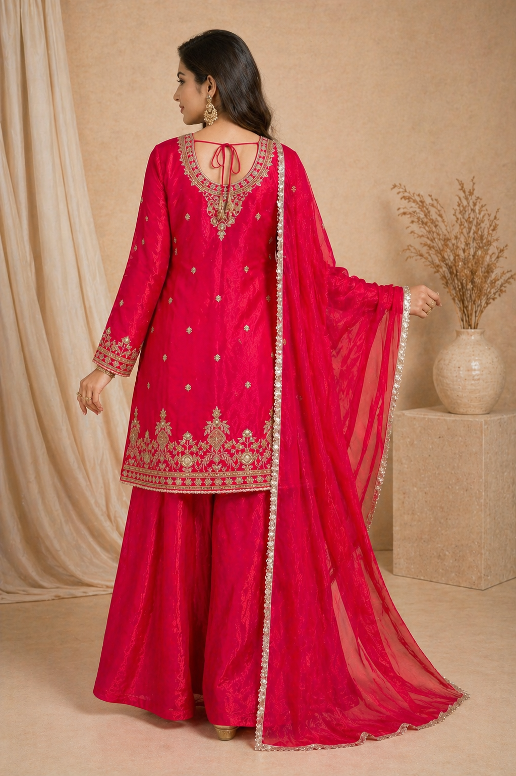 Elegant Pink Embroidered Kurti Set with Palazzo & Dupatta for Women